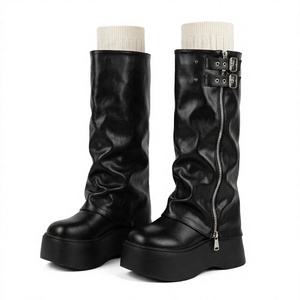 Bottes à plateforme mi-hautes pour femmes, fermeture éclair latérale, boucle, bottes mi-mollet tendance, bout rond, automne-hiver - Product Image 1