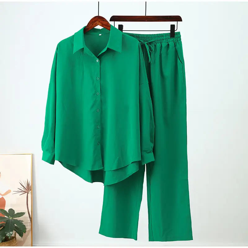 Setelan pakaian kantor wanita, setelan baju celana lebar elegan dua potong untuk kantor musim semi dan panas