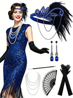 Ensemble d'accessoires Great Gatsby Flapper Fringe 4 pièces : Bandeau à plumes, Gants, Collier de perles, Boucles d'oreilles pour Costume de Cosplay d'Halloween