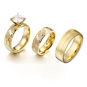 Anillo de compromiso de circonia cúbica para hombre y mujer, sortija de boda chapada en oro de 14k, conjuntos de joyería, 3 uds.