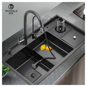 Évier de cuisine intelligent en acier inoxydable nano <span class=keywords><strong>noir</strong></span> nouvellement conçu avec lave-gobelet Style <span class=keywords><strong>bol</strong></span> unique 1 valve en laiton - Product Image 4