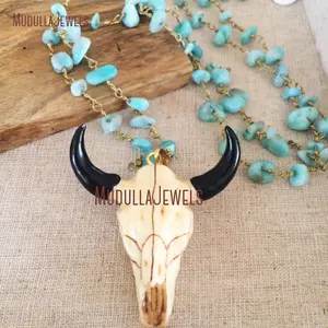 NM11159 Cattle Skull Necklace Turquoise Chip Bead Rosary Statement Necklace Bull OX Head Buffalo Skull Long Horn Necklace