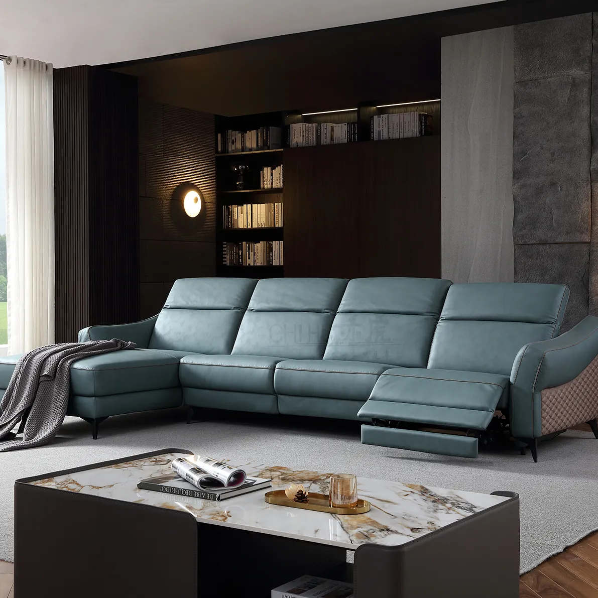 Sofá de cuero en forma de L Grey de lujo eléctrica sillón reclinable 4 plazas muebles sofá reclinable de sala de sofás