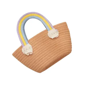 OEM/ODM Großhandel Sommer Damen Mode Handtasche Frauen Baumwolle Tope Woven DIY Stroh gewebte Regenbogen Umhängetasche Kinder