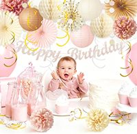 Décorations d'anniversaire beige or champagne pour femmes et filles, lanternes en papier pêche bohème, pompons en papier, éventails, glands, guirlande de fête