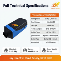 Chauffage au diesel OkyRie AS50-1 5KW 12V 24V 17000BTU pour voiture, camion, camping-car, fourgonnette, chauffage de stationnement au diesel avec télécommande LCD