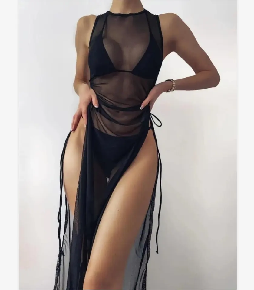 Hot Selling Swimwear Cover Up Women 3 Piece Bikini Set With Sexy Bathing Suit Sheer Mesh Cover Up