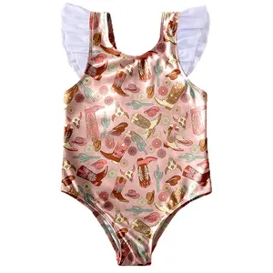 Traje de baño con estampado de estilo occidental para niños de alta calidad, traje de baño de playa con volantes blancos de verano para niñas pequeñas