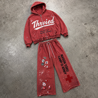 Ensemble de survêtement vintage personnalisé délavé et vieilli, 2 pièces, avec sweat à capuche court zippé orné de strass et pantalon de survêtement large, style streetwear