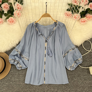 Kemeja Wanita Musim Gugur Bahan Katun Tebal Bordir Etnik Retro Lengan Bubble Model Longgar Dapat Dicuci Trendi Korea - Product Image 5
