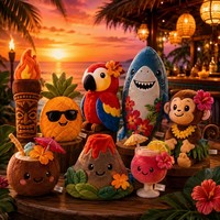 Op maat gemaakte pluche mascotte Hawaiiaanse zonsondergang Tiki set, tropische fruit dieren pluche hanger voor Luau feestdecoratie & cadeau