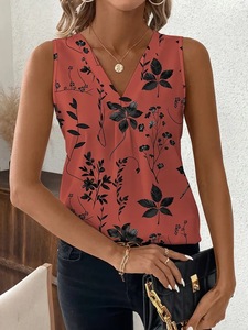 Chaleco con cuello en V para mujer de verano, camiseta sin mangas con estampado de plantas a la moda, Camiseta básica sencilla - Product Image 6