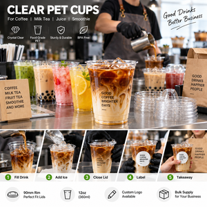 Vasos de Plástico PET Transparente de 90 mm y 12 oz con Tapas, Vasos Desechables para Café Helado y Bebidas Frías, Logotipo Personalizado para Jugos, Smoothies y Boba - Product Image 4