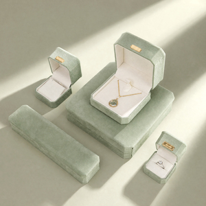 Zebopak Sage Green Velvet <b>Necklace</b> <b>Box</b> Set with Ring Pendant Gold Metal Label Storage Case <b>Gift</b> Packaging Supplier - Product Image 2