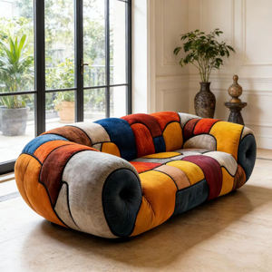 Sofá Retro Artístico con Parches, Diseño de Bloques de Color Intensos, Terciopelo Multicolor, Loveseat Estilo Picasso, Pieza Destacada para Decoración del Hogar - Product Image 1