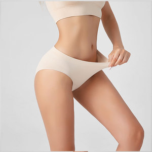 Culottes string femme taille basse unies <span class=keywords><strong>beige</strong></span> avec logo personnalisé, en nylon et élasthanne tricoté sans couture, grandes tailles, pour usage quotidien - Product Image 4