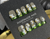Lot de 10 faux ongles à presser, peints à la main, motif fleur 3D, vert métallisé, style French Duck, couvrance totale, réutilisables pour l'été