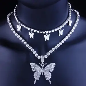 Luxe Or Argent Rose Cristal Strass Papillon Clavicule Collier Tennis Chaîne Papillon Pendentif Colliers Pour Femmes