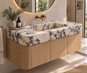 Lavabo de Mármol Rosa Natural, Mueble de Baño de Madera Maciza con Doble Lavabo, Mueble de Baño Colgante de Pared con Mármol Rosa - Product Image 5