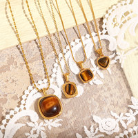 Nouveau collier tendance plaqué or en acier inoxydable avec chaîne à maillons, pendentif breloque cœur carré en pierre œil-de-tigre pour femme