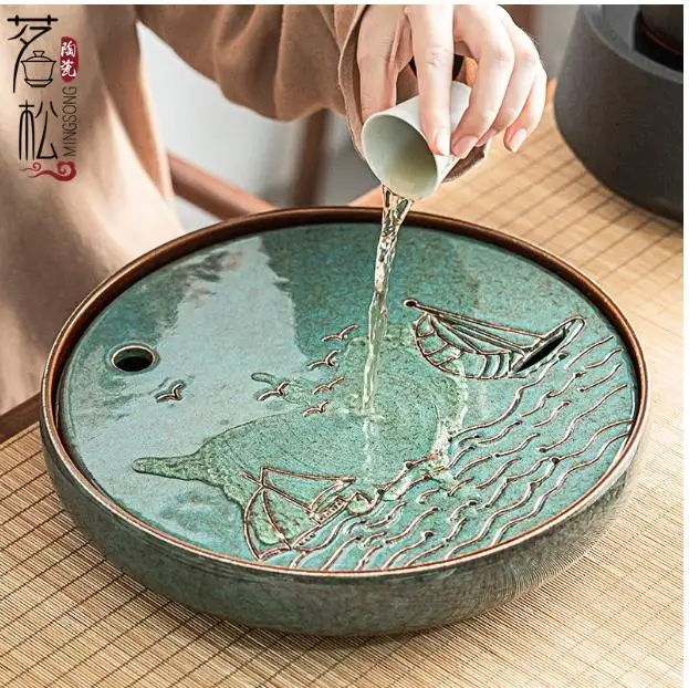 Dehua gres tradicional chino Kung Fu bandeja de té japonés Gran bandeja de burbujas secas mesa de té hogar todo cerámica simple W