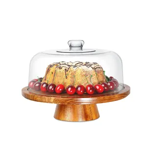 玻璃圆顶木质底座蛋糕架盖6合1多功能蛋糕架和拼盘打孔沙拉碗蔬菜零食托盘支架