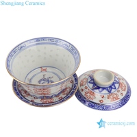 RZPU06-B-C Jingdezhen 블루와 화이트 레드 하나님 쌀 패턴 크레인 Gaiwan 차 컵 유약