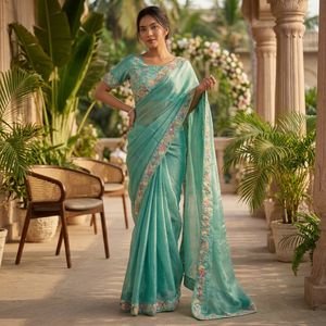 Blusa de Sari/Saree Bordada con Flores Verdes de NiMa Creations, Reversible, Antiarrugas, Elástica, de Secado Rápido, Vestido para Mujer - Product Image 1