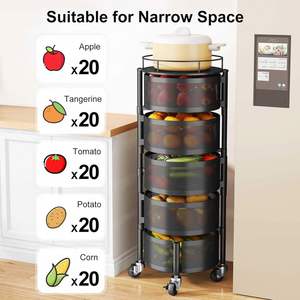 Customize Fruit <b>Vegetable</b> <b>Basket</b> for Kitchen, Rotating <b>Storage</b> Rack, 5 Tier Rolling Cart with Metal Wire <b>Basket</b>,Metal Wheels - Product Image 5