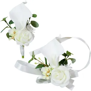 2 पीसी कृत्रिम कैला लिली कलाई कोर्सेज और बाउटनियर सेट दूल्हा दूल्हे के शादी के फूल सहायक उपकरण प्रोम पार्टी सूट सजावट