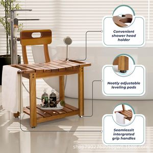 Chaise de douche en bois Shengyang avec dossier, 59,5x31,7x77,7 cm, tabouret de salle de bain à double rangement - Product Image 2
