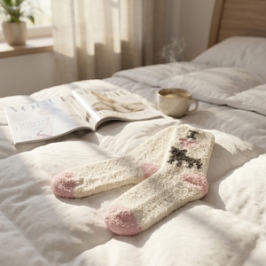 Calzini all'ingrosso della squadra del modello del cane-il <span class=keywords><strong>pile</strong></span> di peluche delle donne-ha foderato le <span class=keywords><strong>calze</strong></span> sfocate <span class=keywords><strong>con</strong></span> le impugnature antiscivolo, i calzini caldi della pantofola della casa dell'OEM/ODM - Product Image 6