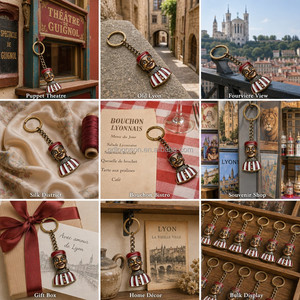Llavero Guignol al por mayor, de Lyon, Francia, con diseño de marioneta vintage de bronce esmaltado, de la cultura del Teatro Canut, ideal como regalo de recuerdo folclórico para turistas. - Product Image 2