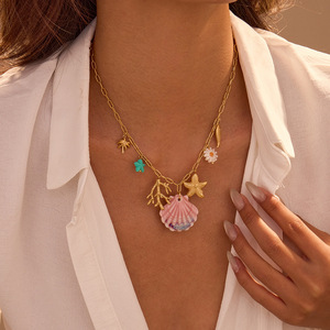 18K chapado en oro de acero inoxidable Seashell Starfish Ocean Style Collar para mujer verano playa vacaciones joyería minimalista - Product Image 2