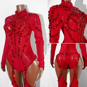 Combinaison moulante TianYi à col montant avec strass rouges et effet jarretière, en Spandex/Polyester, pour spectacle <span class=keywords><strong>Burlesque</strong></span>, Concert, Opéra - Product Image 5