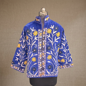 Royal Blue Velvet Suzani <b>Jacket</b> Hand <b>Embroidered</b> Floral Winter Coat Boho Kashmiri Crewel Work Short Cardigan <b>Jacket</b> <b>Women</b> - Product Image 1