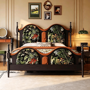 Upholstered Wooden <b>Bed</b> Frame Queen <b>Size</b> Fabric <b>Headboard</b> Soft <b>Bed</b> with Floral Design Eclectic Style - Product Image 4
