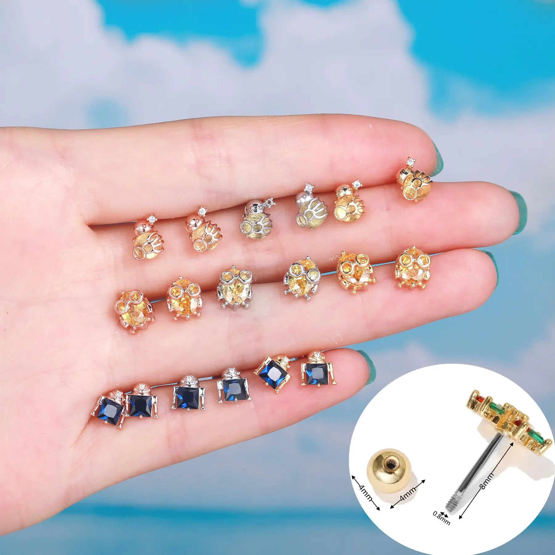 18K mạ vàng đồng sáng tạo phim hoạt hình Robot Bông tai xoắn bóng Tai xương đinh tán bán buôn Zircon Brass Bông tai piercing đồ trang sức