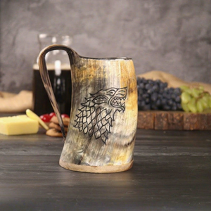 Ready Ship Natural Handmade Stainless Steel Bull/Cow Horn Wolf Carving Leak Proof 16oz Modern Luxury Drinking <b>Mug</b> for Coffee <b>Tea</b> - Product Image 1