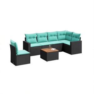 Set di divani da giardino in polyrattan nero da 7 pezzi con cuscini, mobili da esterno, posti a sedere in stile contemporaneo per 7 persone - Product Image 1