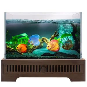 Yeni tasarım mini akvaryum Ultra yüksek çözünürlüklü cam 5L ses betta bitkiler ahşap taban şeffaf küçük balık tankı