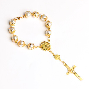 Braccialetto <span class=keywords><strong>Rosario</strong></span> con Perle di Vetro Dorate e Ciondolo a Croce, Gioielli Trendy per Matrimoni e Feste, Vendita all'Ingrosso - Product Image 6