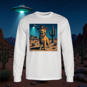 Camiseta de manga larga con diseño de sombrero de vaquero Golden Retriever y escena del desierto Ufo - Product Image 3