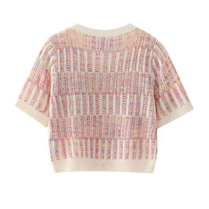 Women's Short Sleeve Knit <b>Cardigan</b> Cotton Contrast Color <b>Spring</b> Summer Sweater - Product Image 2