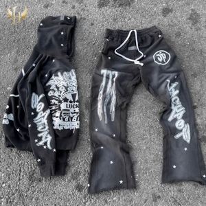 Custom Men Heavy Fleece Half <b>Spray</b> Washing Cropped Screen Flare Sweatpants Hoodie <b>Sets</b> Vintage - Product Image 3