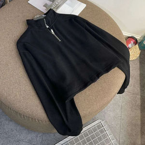 Hoodie Knitting Factory Wholesale Custom Grey Rib Zip Front High Neck <b>Long</b> <b>Sleeve</b> <b>Crop</b> <b>Top</b> Hoodie Sweatshirt for Women - Product Image 5