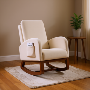 Sillón Mecedora de Respaldo Alto en Franela Beige con Patas Marrones y Bolsillo Lateral para Sala de Estar - Product Image 2