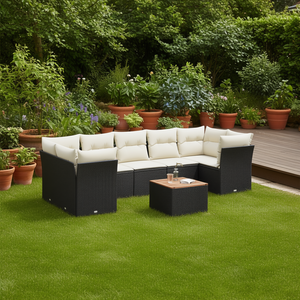 Black And Cream Garden <b>Sofa</b> Set With Cushions 6 Seater <b>Rattan</b> Outdoor Furniture Contemporary Design - Product Image 2