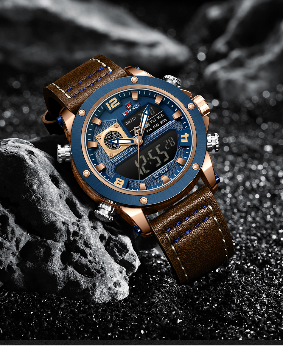 NAVIFORCE 9236 NF9236 marca de moda relojes de hombre correa de cuero  impermeable de doble pantalla reloj de cuarzo multifuncional para hombres