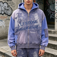 Sweat à capuche zippé vintage pour homme, effet vieilli, avec broderie motif cheval, empiècements contrastants et patch brut